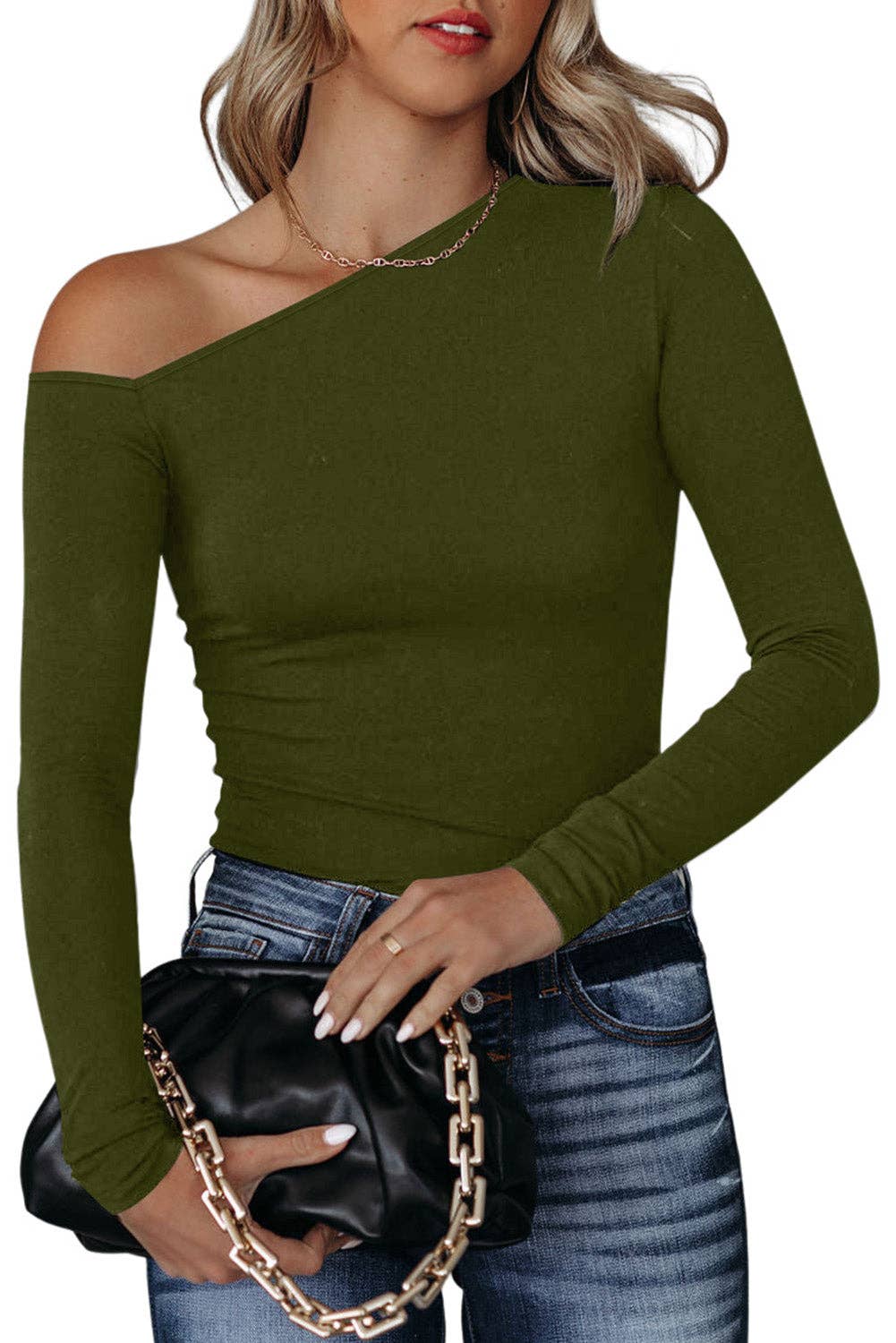 Asymmetrical Long Sleeve Top: Green / L