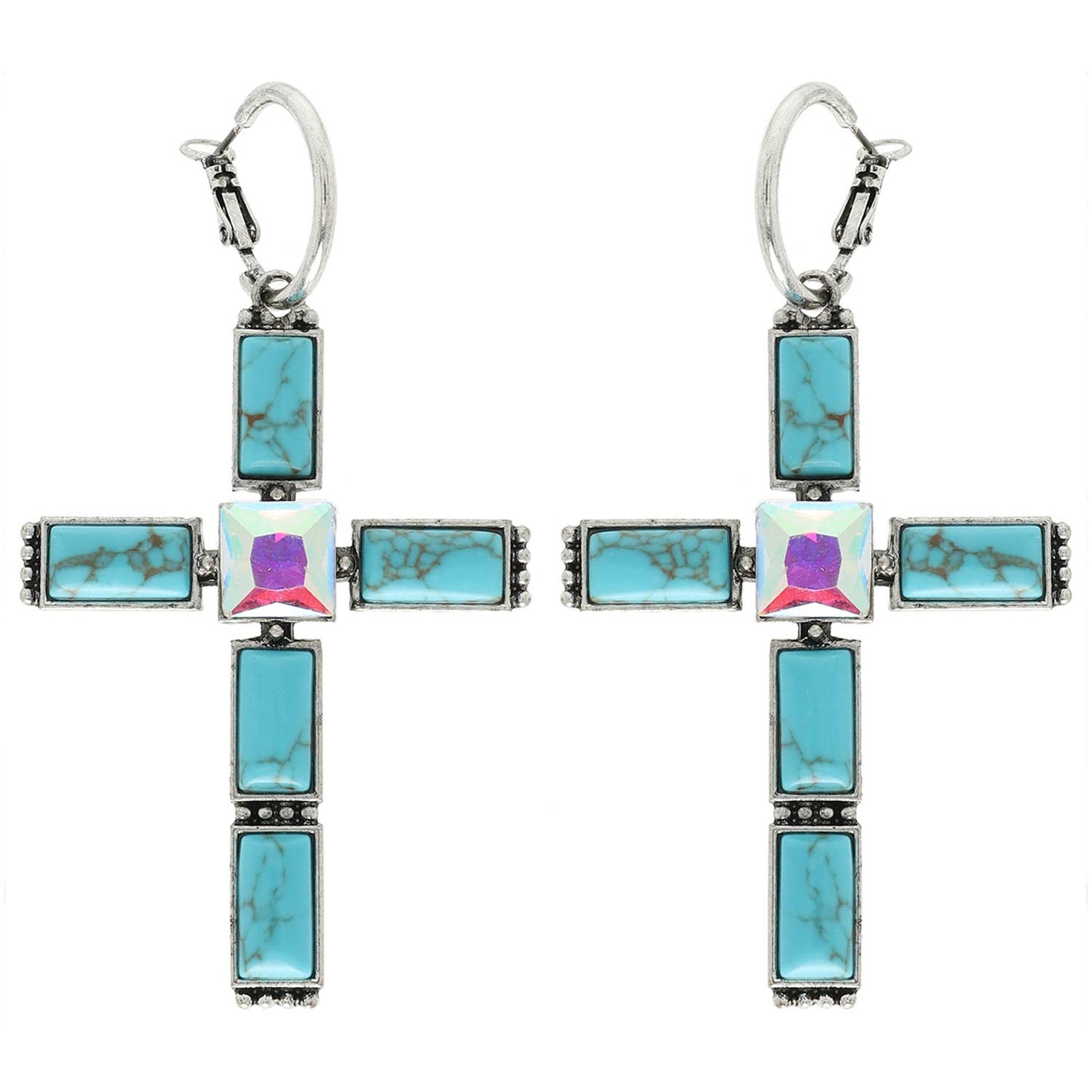 Western Gemstone Cross Hoop Earrings : Iridescent