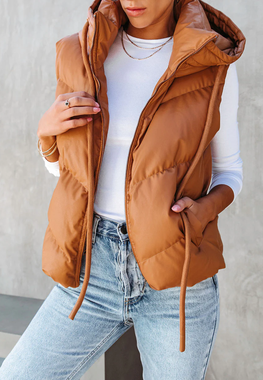 Hooded Puffer Double Slip Pocket Waistcoat: Camel