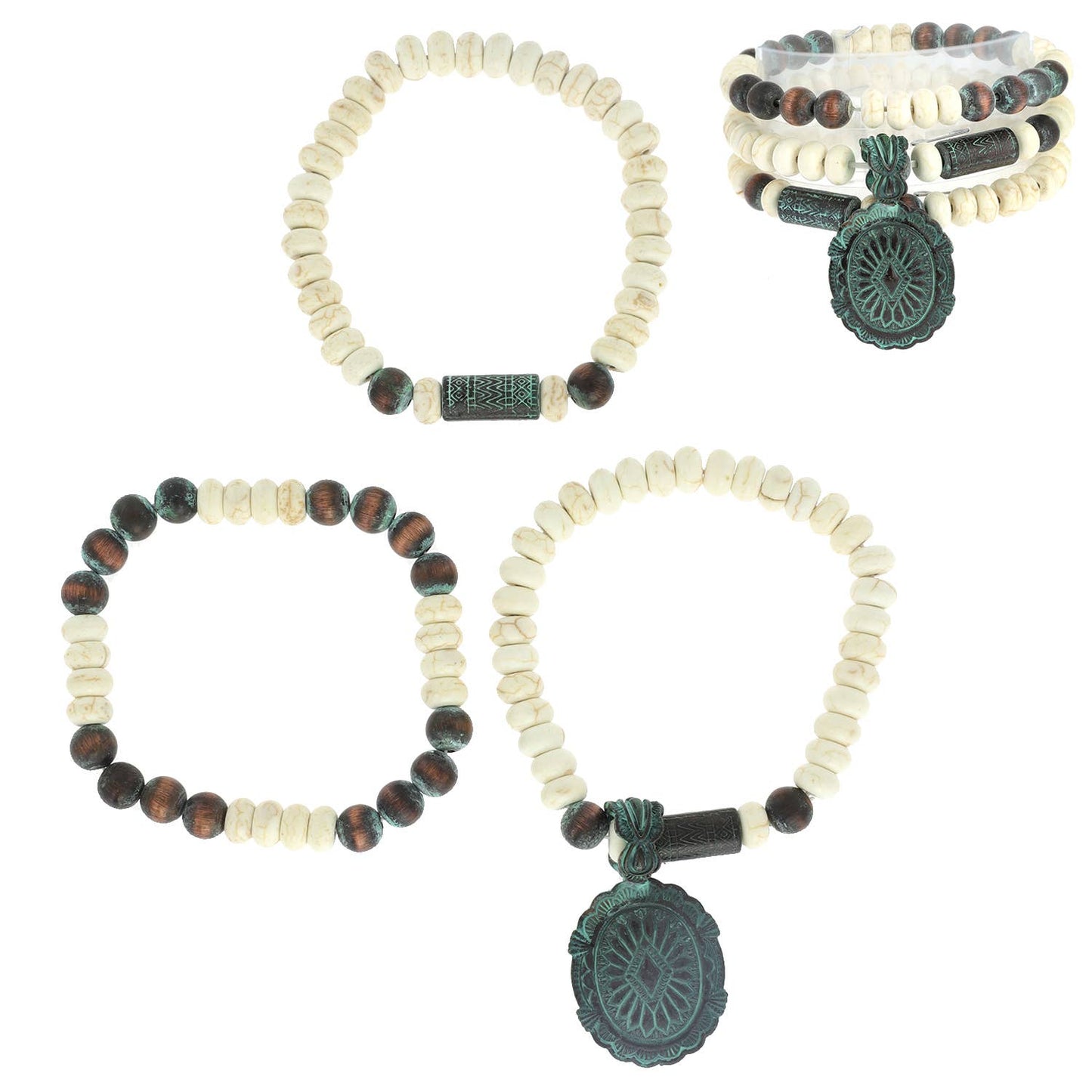 Western Concho Charm 2 Tone Beaded 3 Pack Bracelet Set: Rust Green White