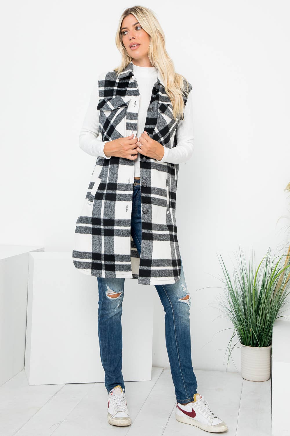 Wool Like Plaid Print Long Vest: Beige Off White