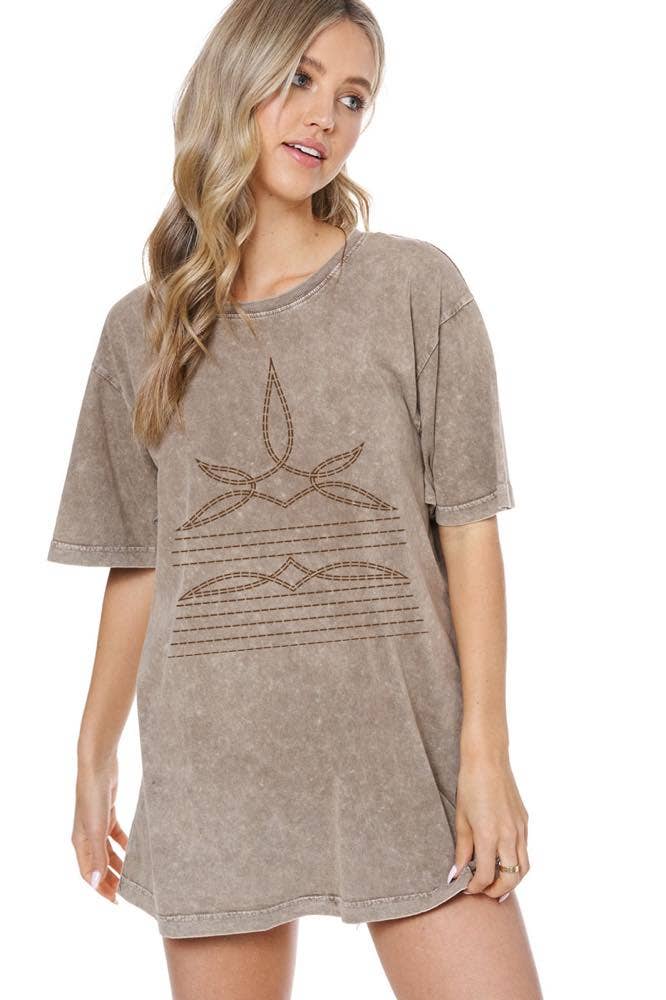 Cowboy Boots Toe Stitch #2 Graphic S/S Washed Boyfriend Tee: S / MOCHA