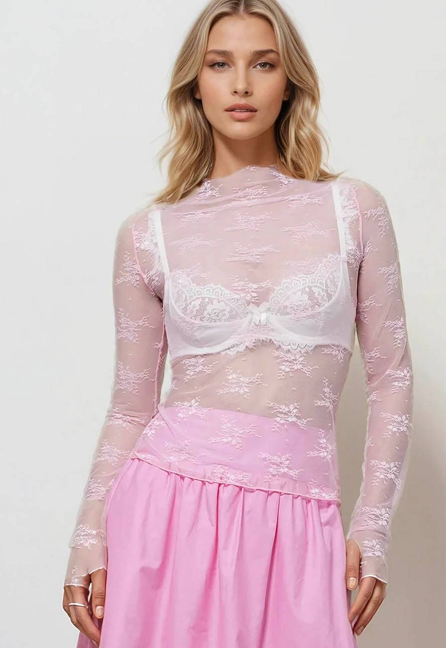 Lux Layering Floral Lace See Through Mesh Top Blouse (Lime Green)