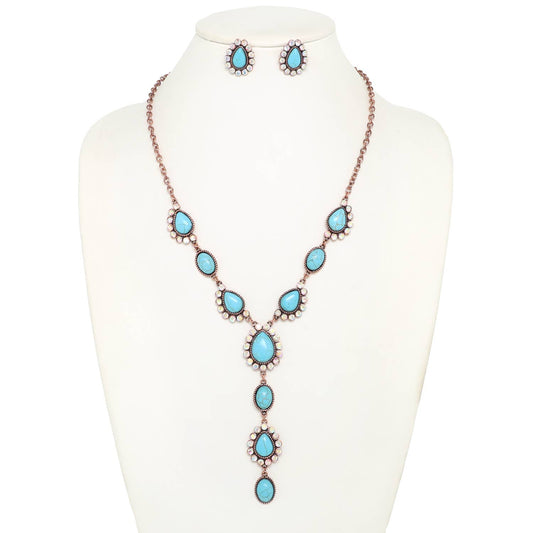 Western Turquoise Y-Shaped Necklace Set : Copper