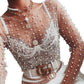 Pearl rhinestone studded sheer mesh see through T-shirt top: White / M