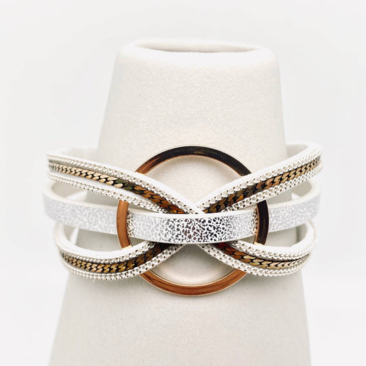 Magnetic Buckle Ring Charm Leather Bangle Bracelet - BJ/LB: White