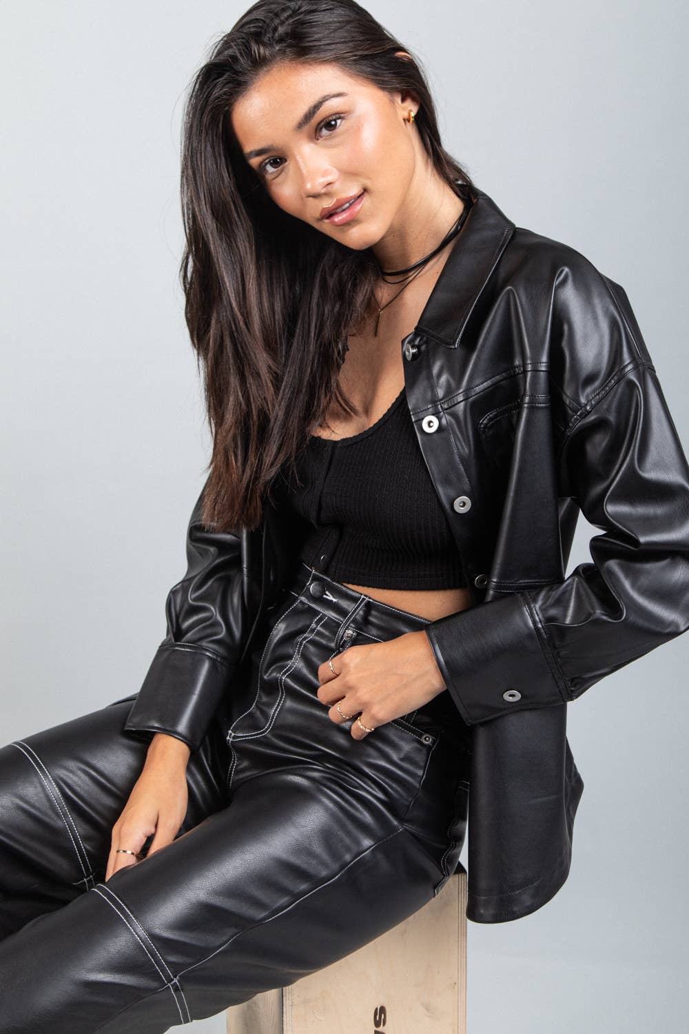 Faux Leather Oversized Casual Shacket Jacket