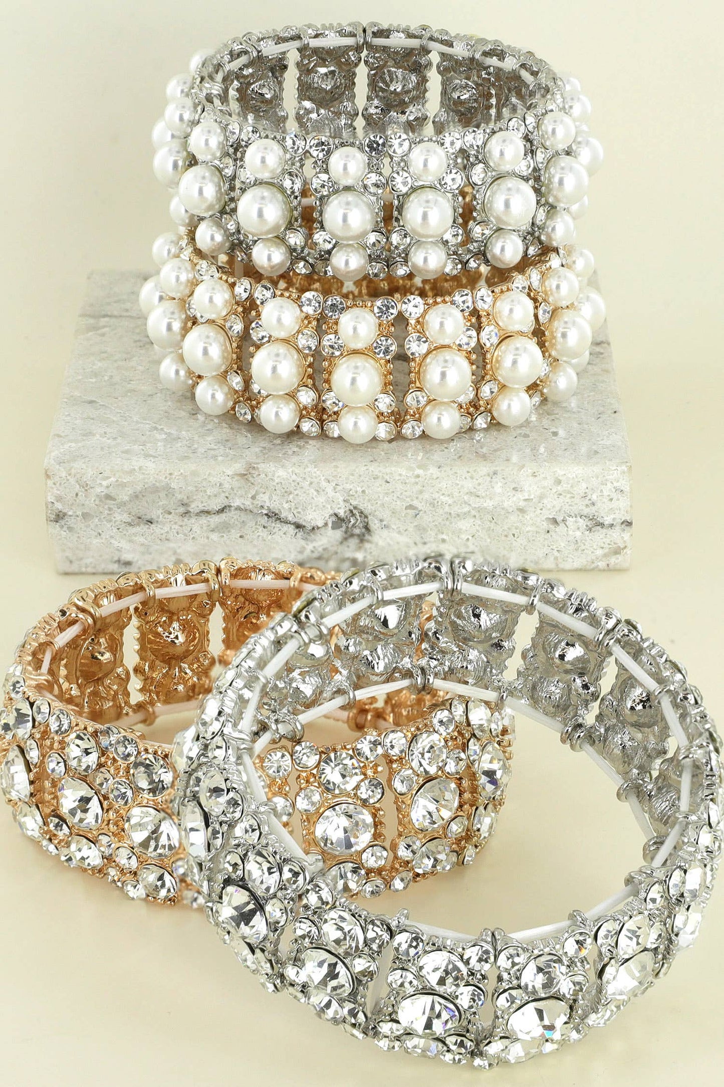 Rhinestone Pearl Cluster Stretch Bangle Bracelet: Gold Iridescent