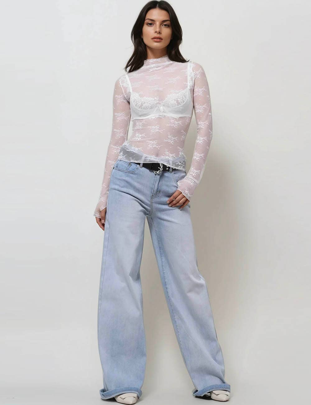 Lux Layering Floral Lace See Through Mesh Top Blouse (Lime Green)