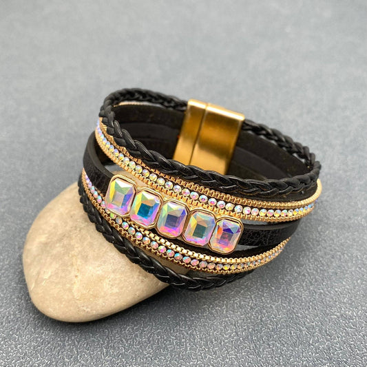 Boho Sparkling Rhinestone Multi-layer Leather Bracelet - LB: Black