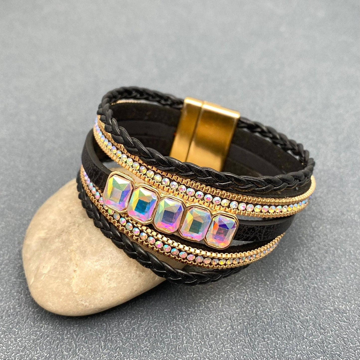 Boho Sparkling Rhinestone Multi-layer Leather Bracelet - LB: White