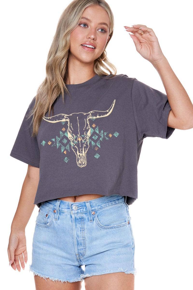 PUFF' Aztec Longhorn Vintage Graphic S/S Faux Cropped Tee: M / ANTIQUE WHITE