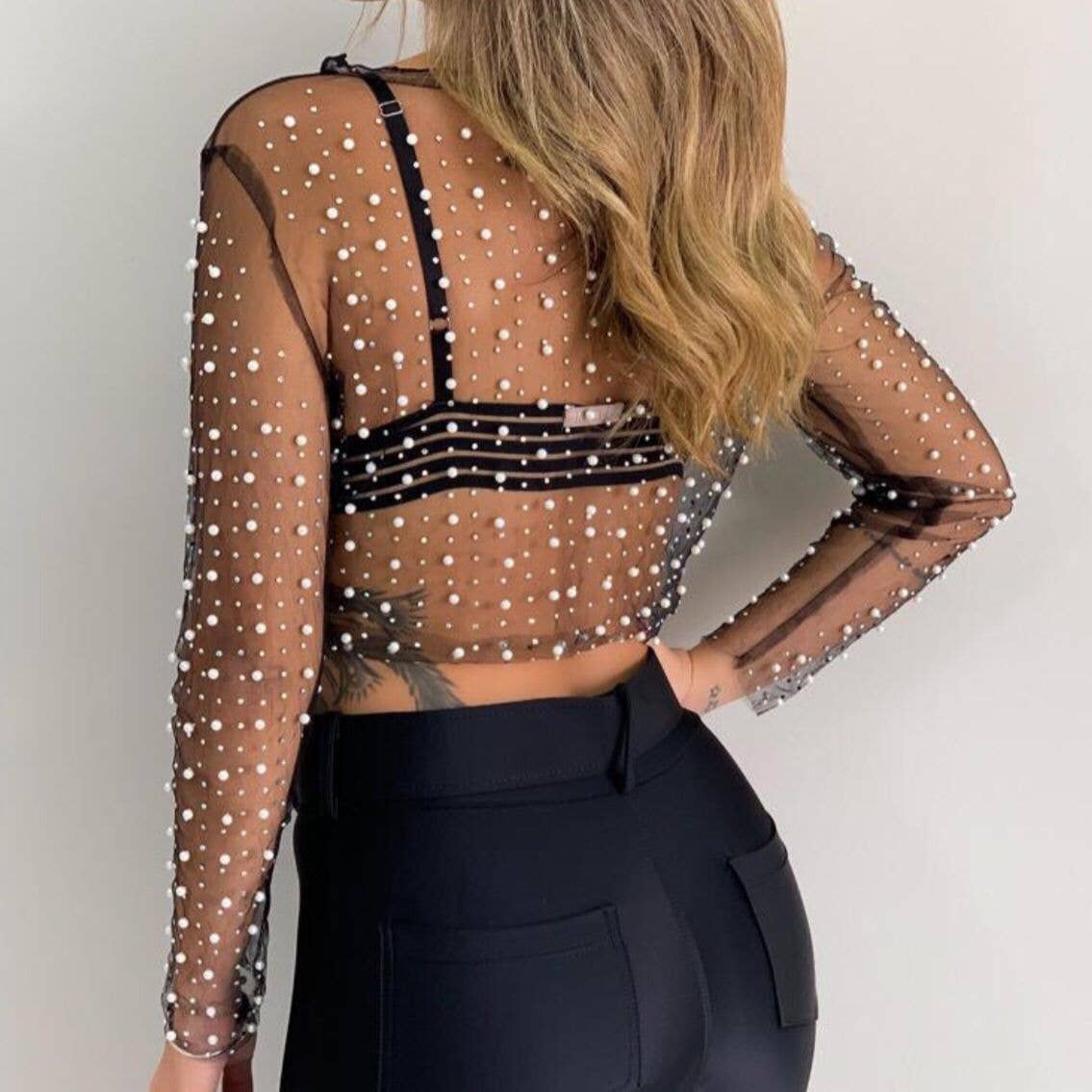 Pearl Rhinestone Studded See Through Mesh Crop Top (Black)
