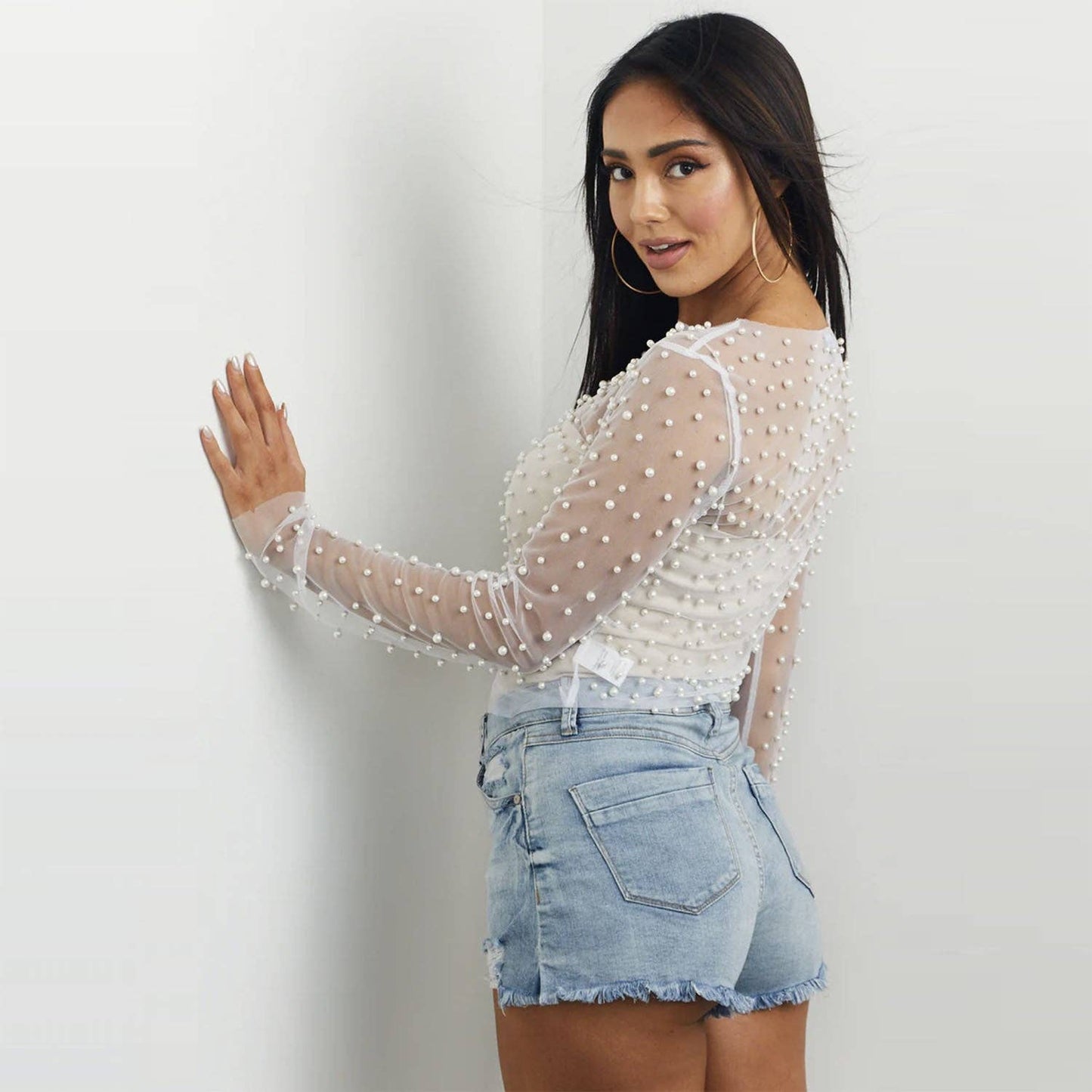 Sparkle Pearl Studded Sheer Mesh See Through Top (Black)