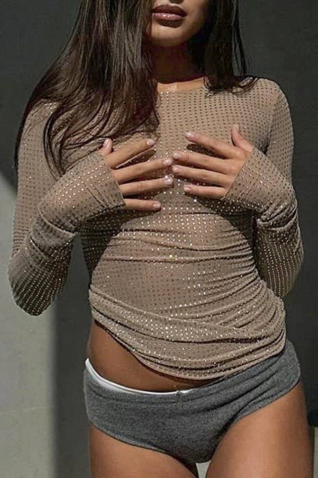 Allover Rhinestone semi sheer mesh See Through Top: Nude