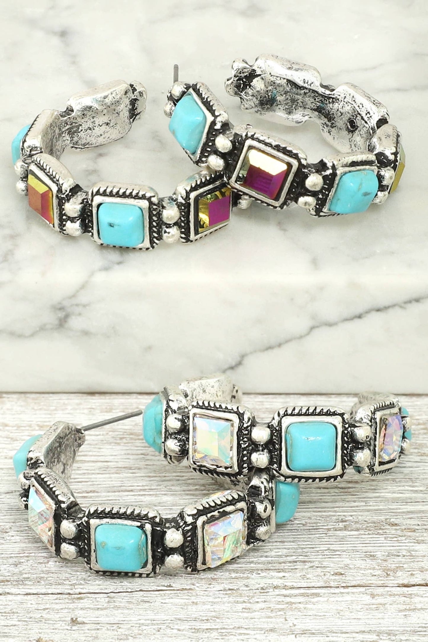 Western Crystal Turquoise Hoop Earrings : Iridescent