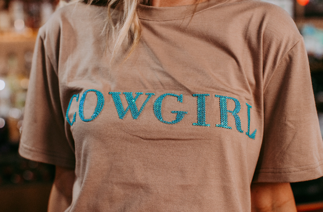 MK406 Cowgirl Sequins engraved 3D embroidery Tee TAN: Tan / S