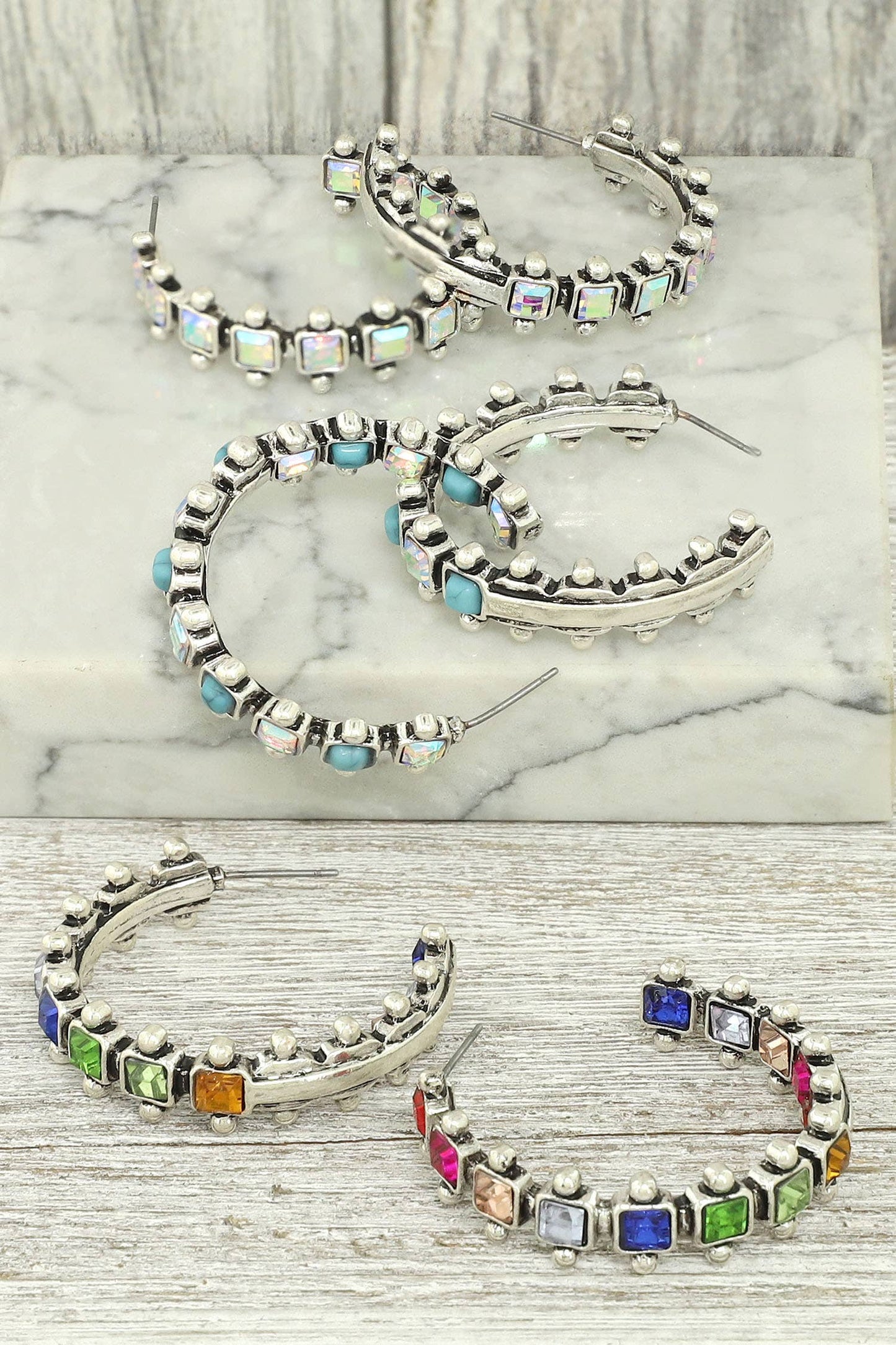 Western Square Cut Crystal Hoop Earrings : Iridescent Turquoise