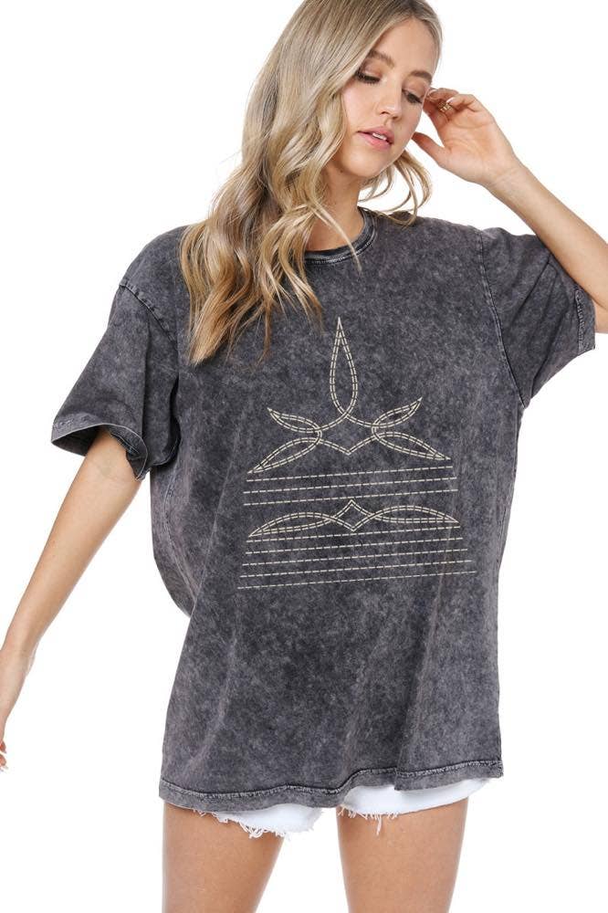 Cowboy Boots Toe Stitch #2 Graphic S/S Washed Boyfriend Tee: S / MOCHA