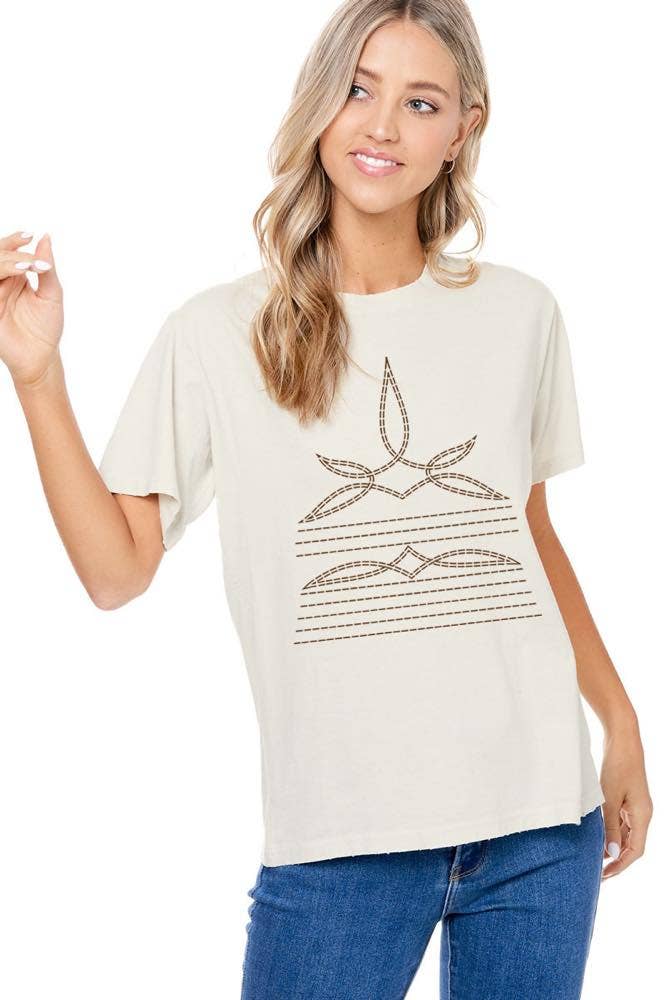 Western Cowboy Boots Toe Stitch #2 Graphic S/S Washed Tee: M / BLACK