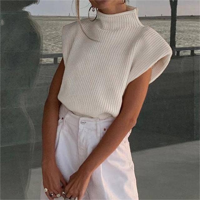 Turtleneck knit vest short sweater vest: White