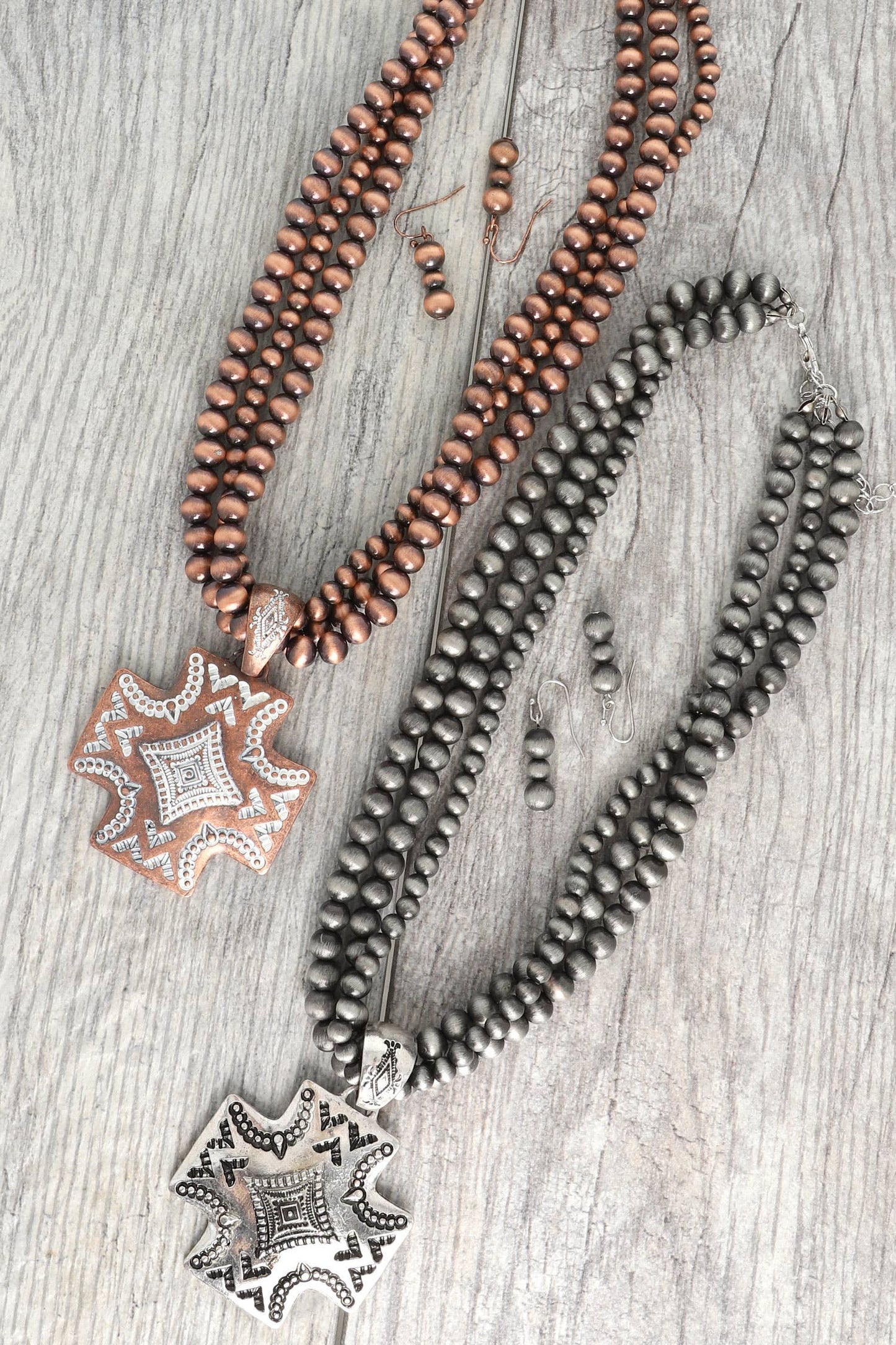 Western Navajo Pearl Beaded Cross Necklace Set: Rust