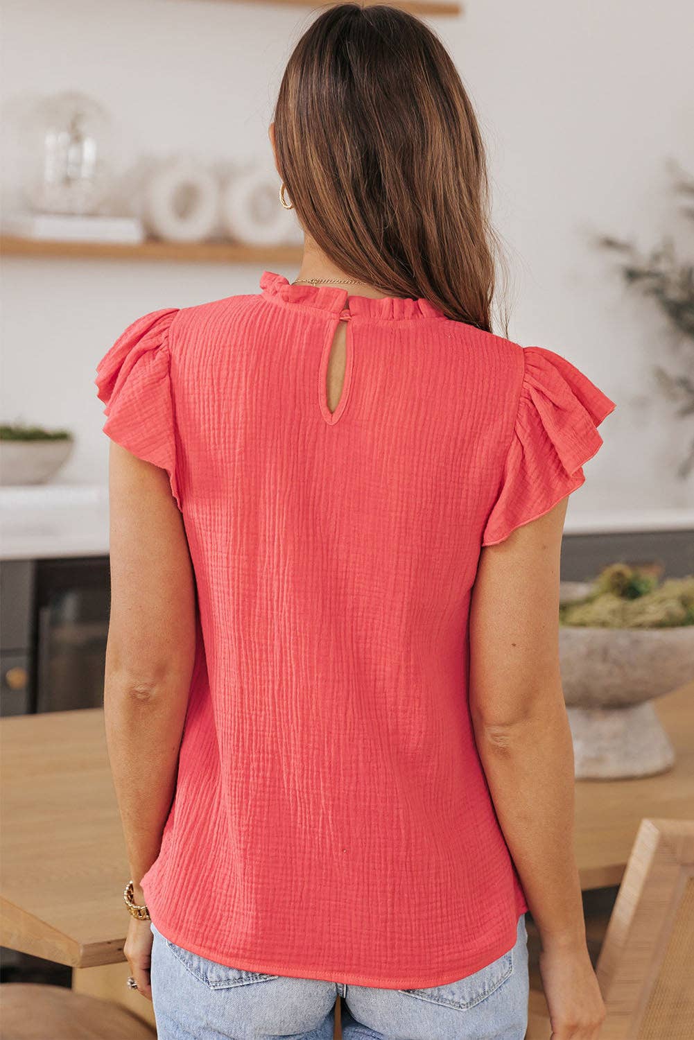 Flutter Sleeve Frilled Neck Textured Blouse: Rose / L / 100%Cotton