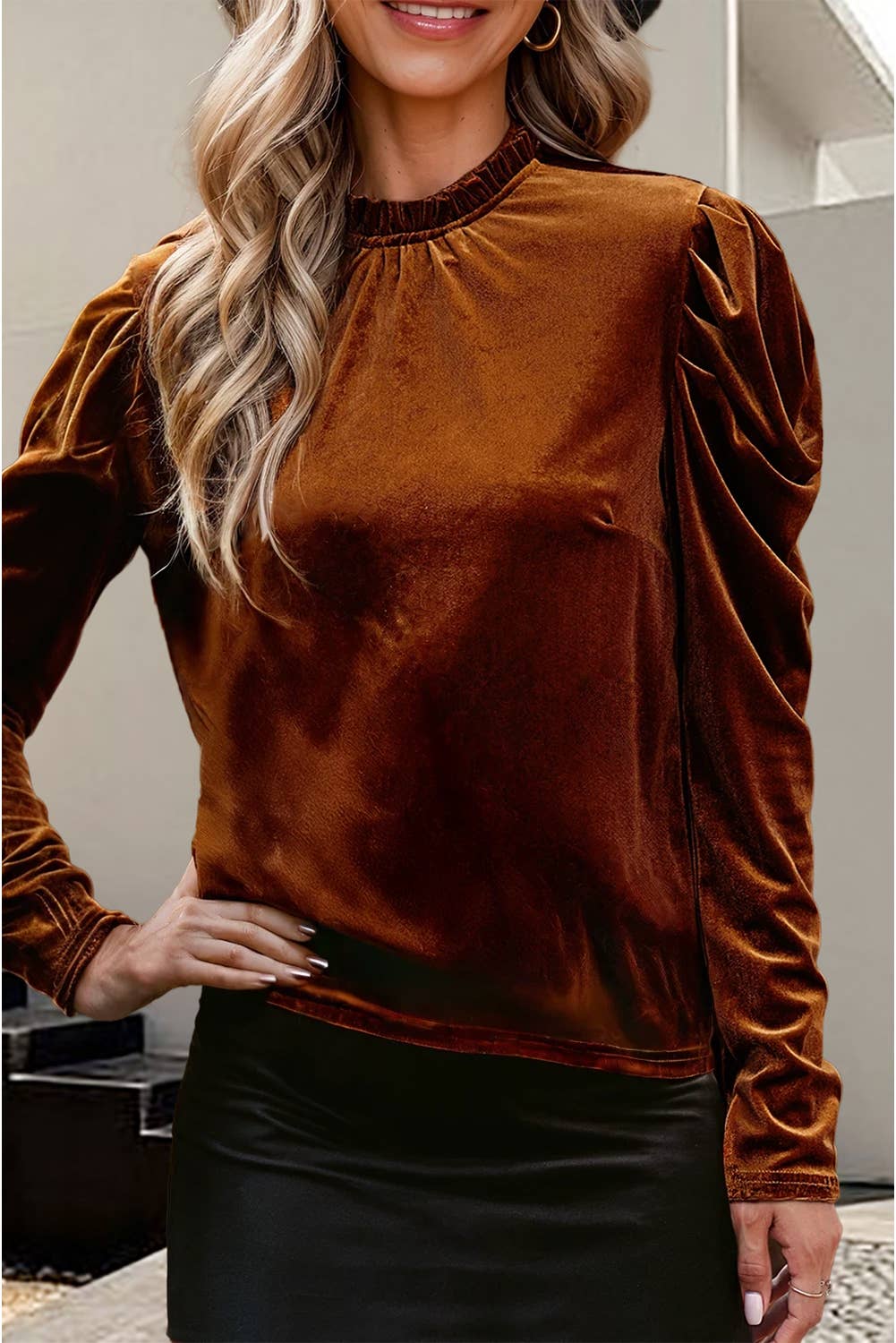 Velvet Frilled Collar Puff Long Sleeve Top |L