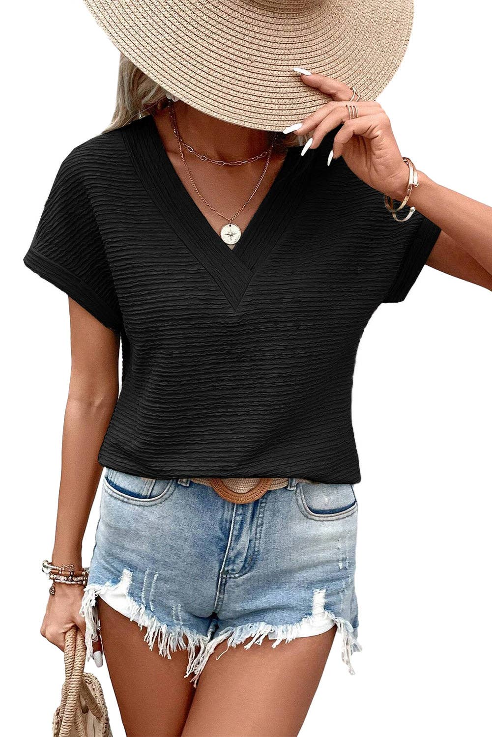 Textured Wide Sleeve V-Neck T-Shirt: Black / M