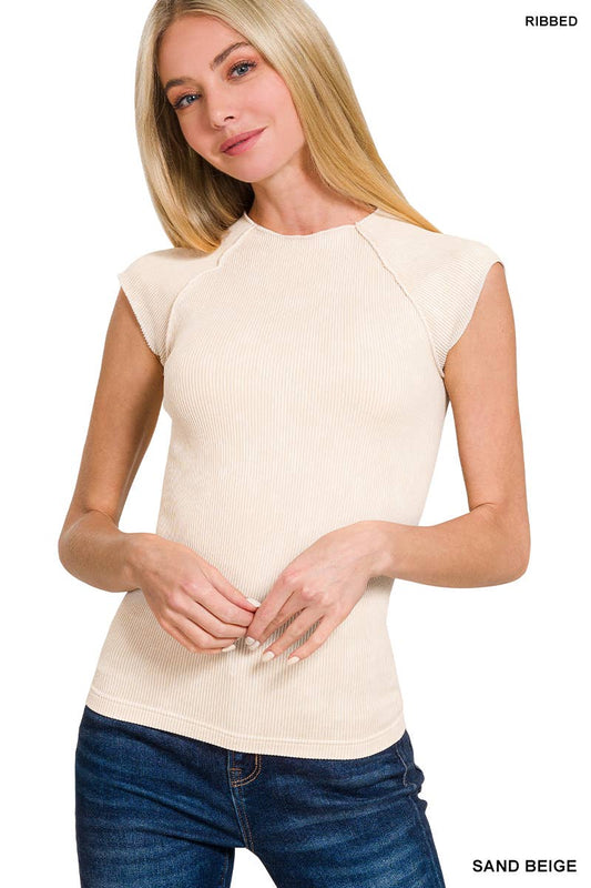 Stone Washed Ribbed Seamless Top: SAND BEIGE/ L/XL