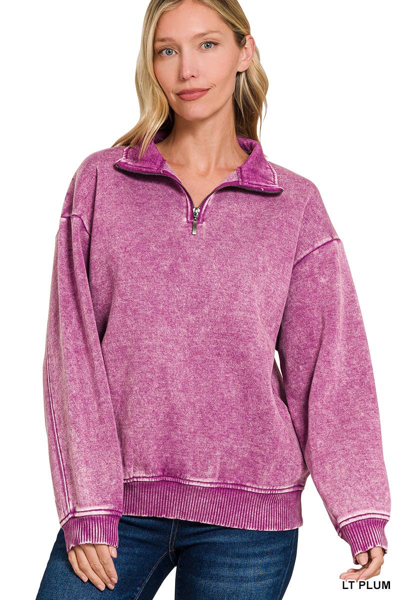 Acid Wash Fleece Half Zip Pullover: DK PINK/ M