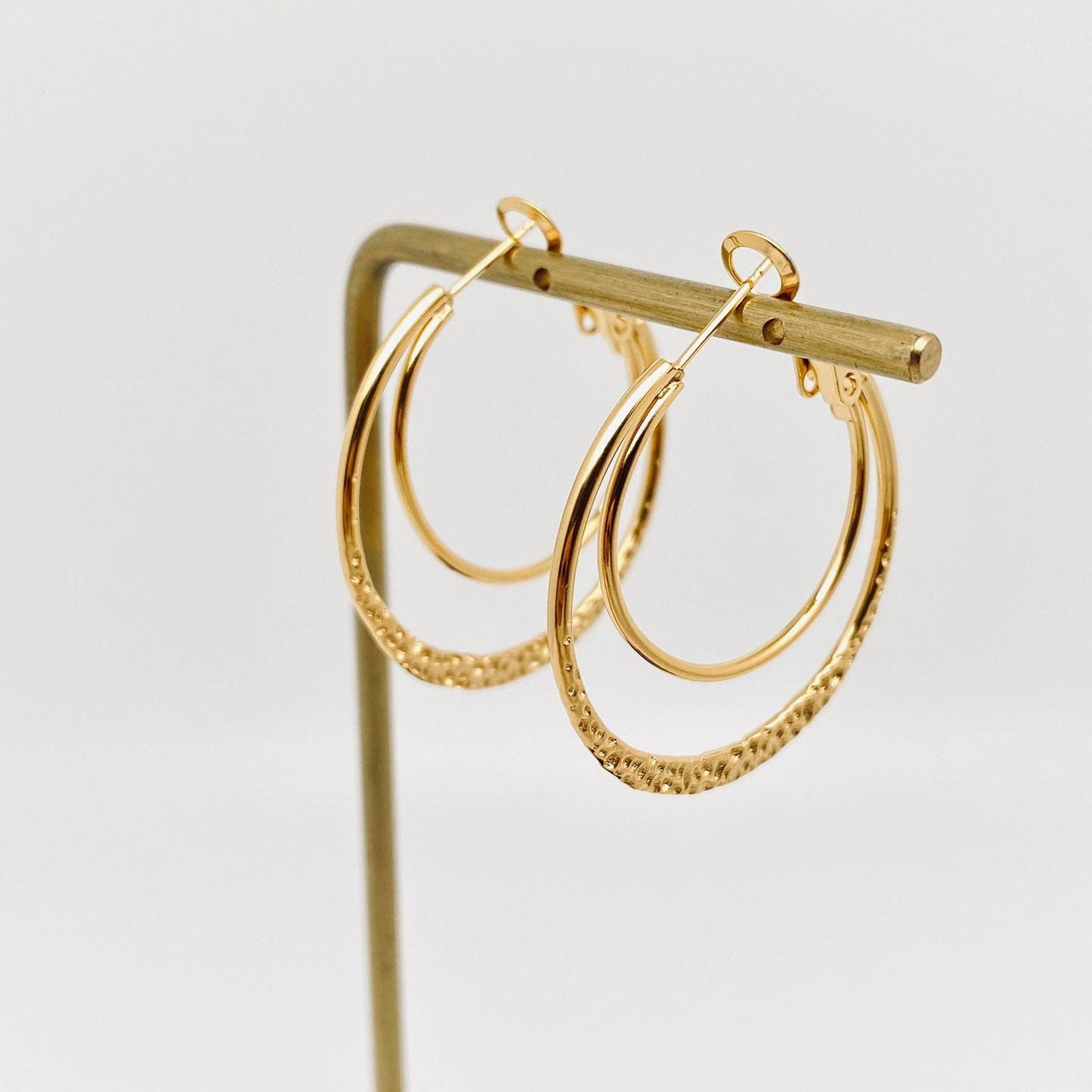 Stainless Steel Double Loop Design Gold Plated Hoop Earrings: Golden