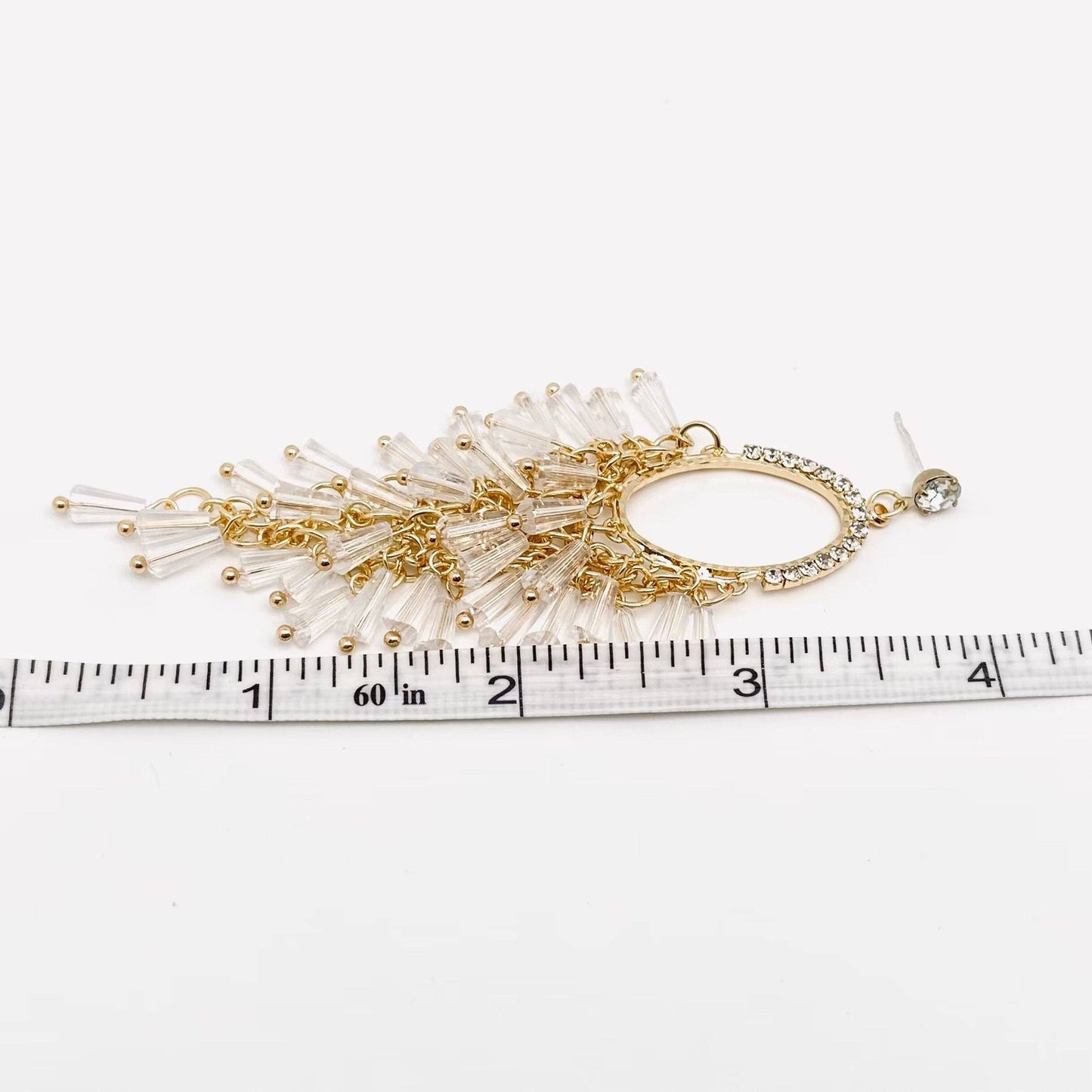 White Crystal Tassel and Rhinestone Stud Earrings