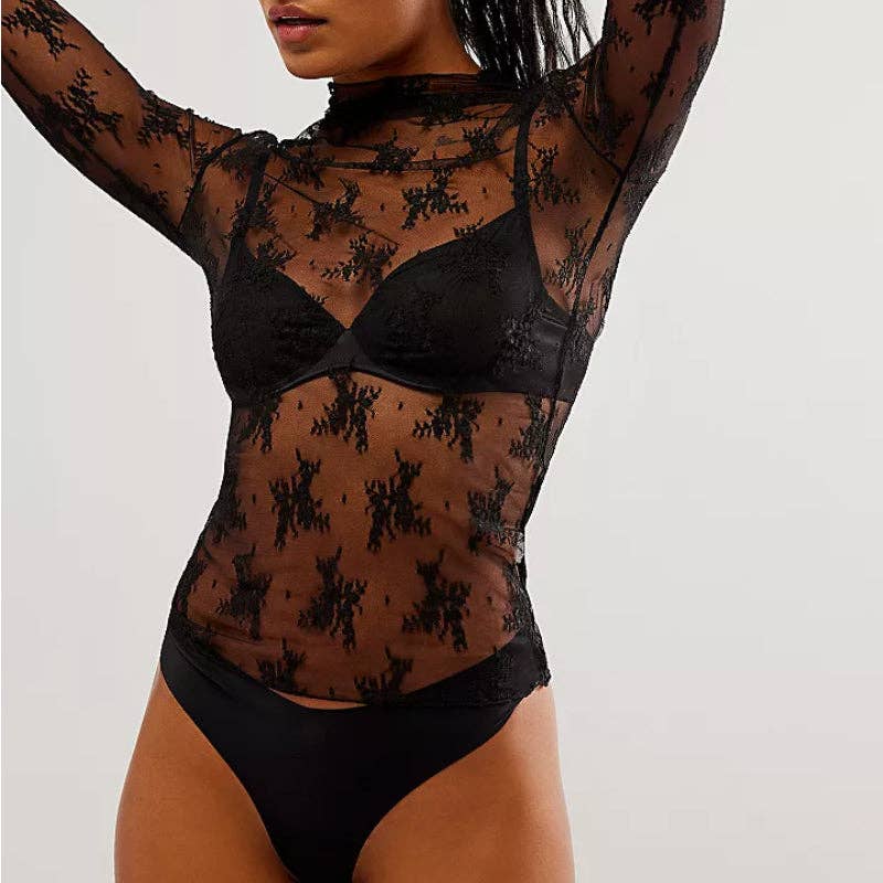 Lux Layering Floral Lace See Through Mesh Top Blouse (Lime Green)
