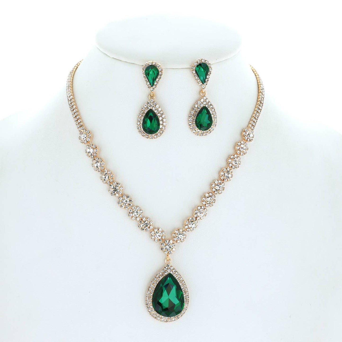 Large Rhinestone Teardrop Pendant Necklace & Earring Set: Gold Iridescent