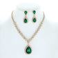 Large Rhinestone Teardrop Pendant Necklace & Earring Set: Gold Iridescent