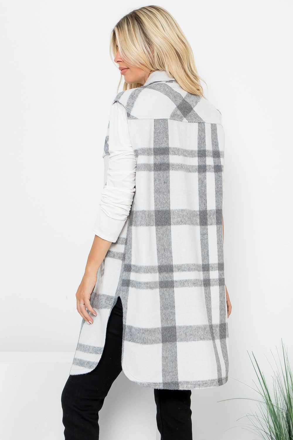 Wool Like Plaid Print Long Vest: Beige Off White