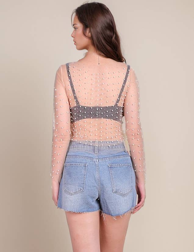 Pearl Rhinestone Studded See Through Mesh Crop Top (White)