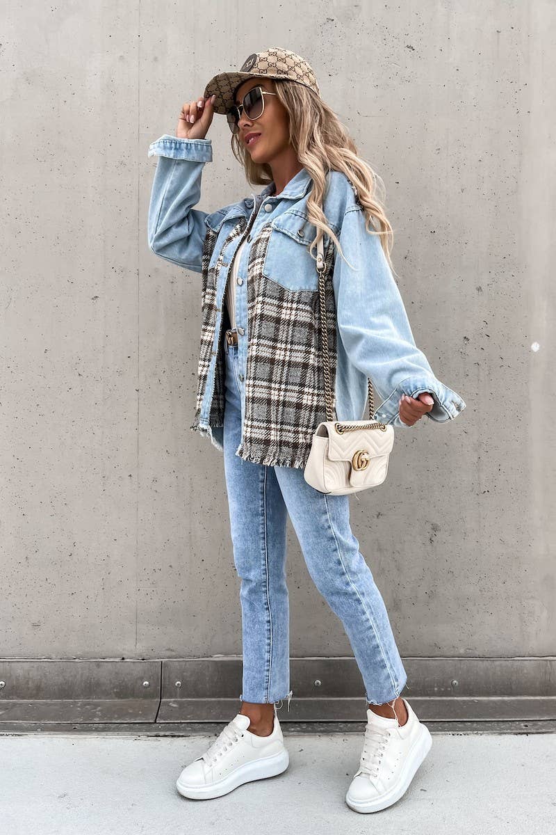 WOMEN DENIM PATCHWORK PLAID JACKET_CWJJ0050: LIGHTBLUE / (S) 1