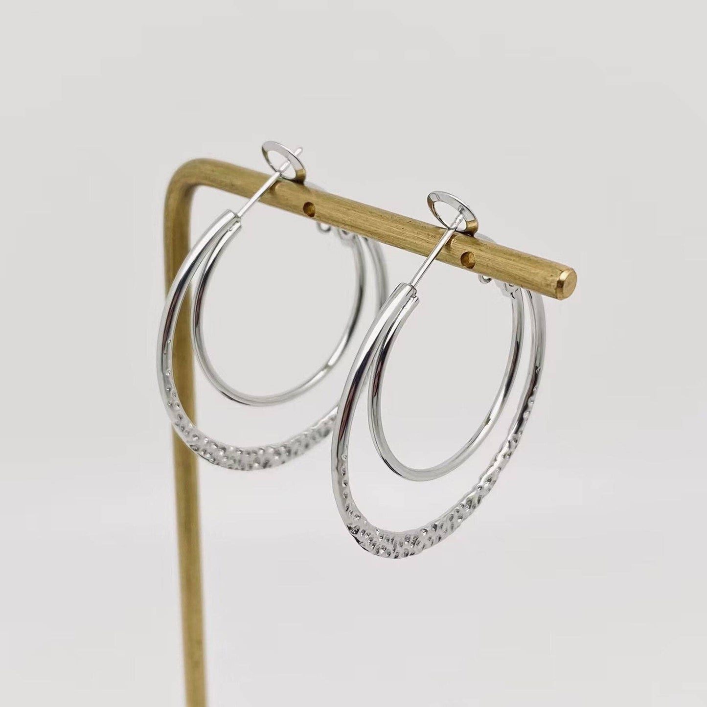 Stainless Steel Double Loop Design Gold Plated Hoop Earrings: Steel color