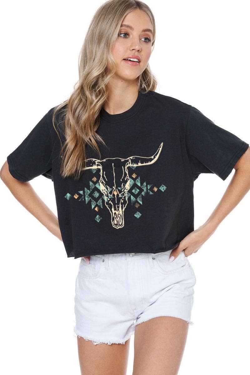 PUFF' Aztec Longhorn Vintage Graphic S/S Faux Cropped Tee: M / ANTIQUE WHITE