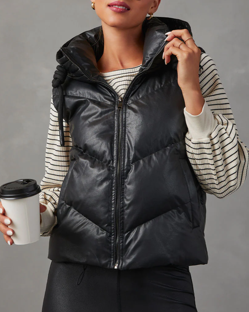 Hooded Puffer Double Slip Pocket Waistcoat: Camel