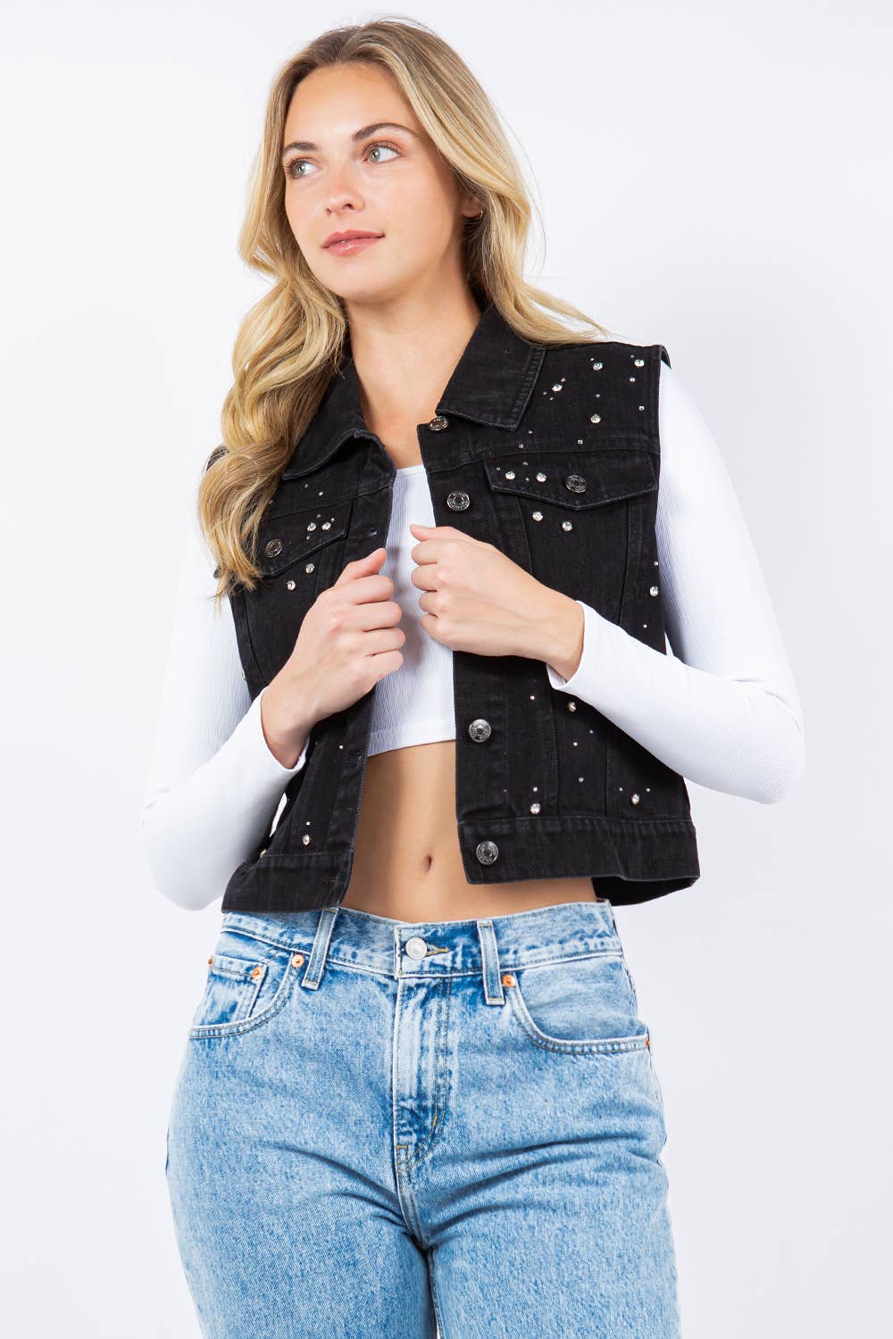 Iconic Denim Vest Jacket with Rhinestones: Black / L