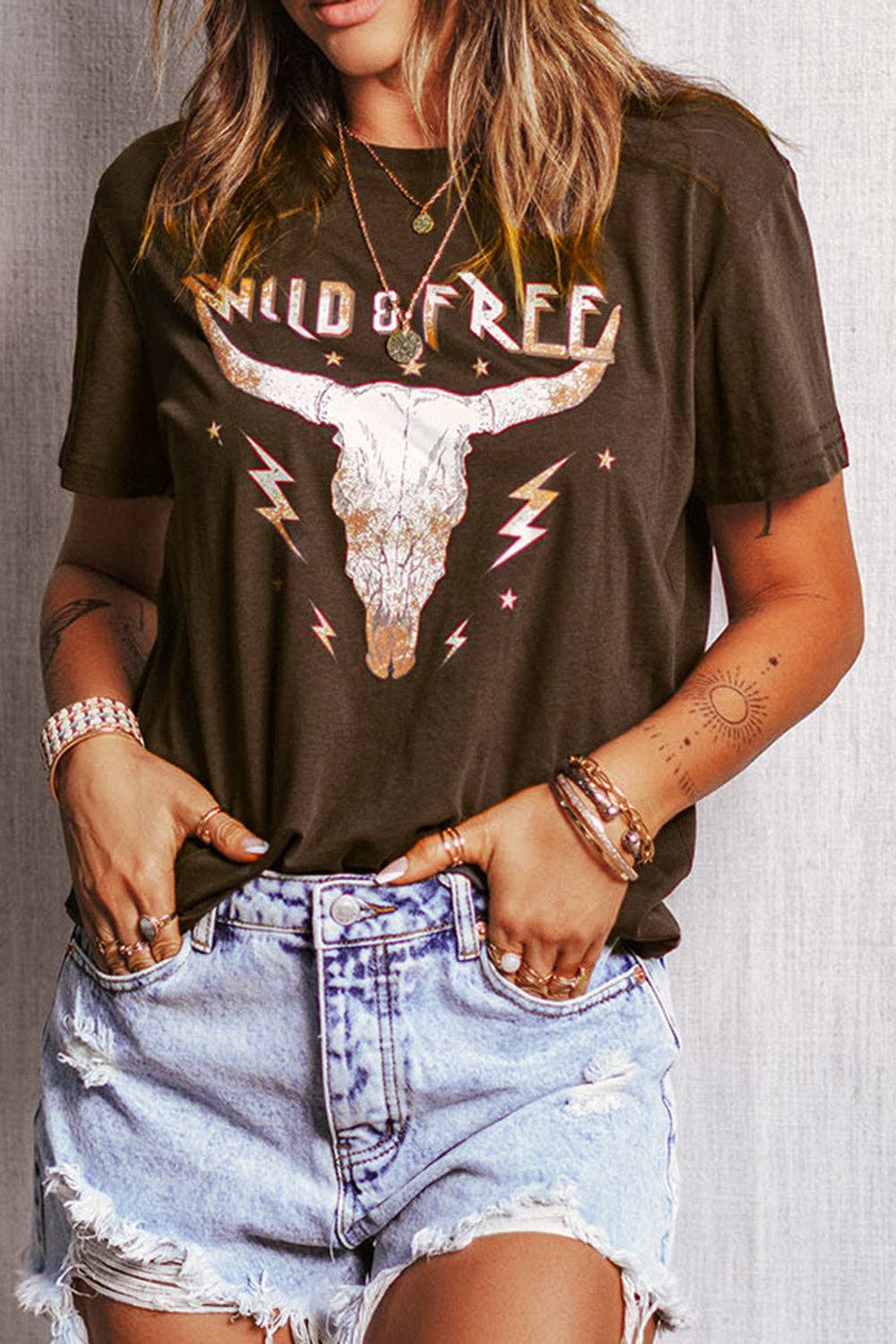 Brown WILD FREE Animal Graphic Tee: Brown / L / 95%Polyester+5%Elastane