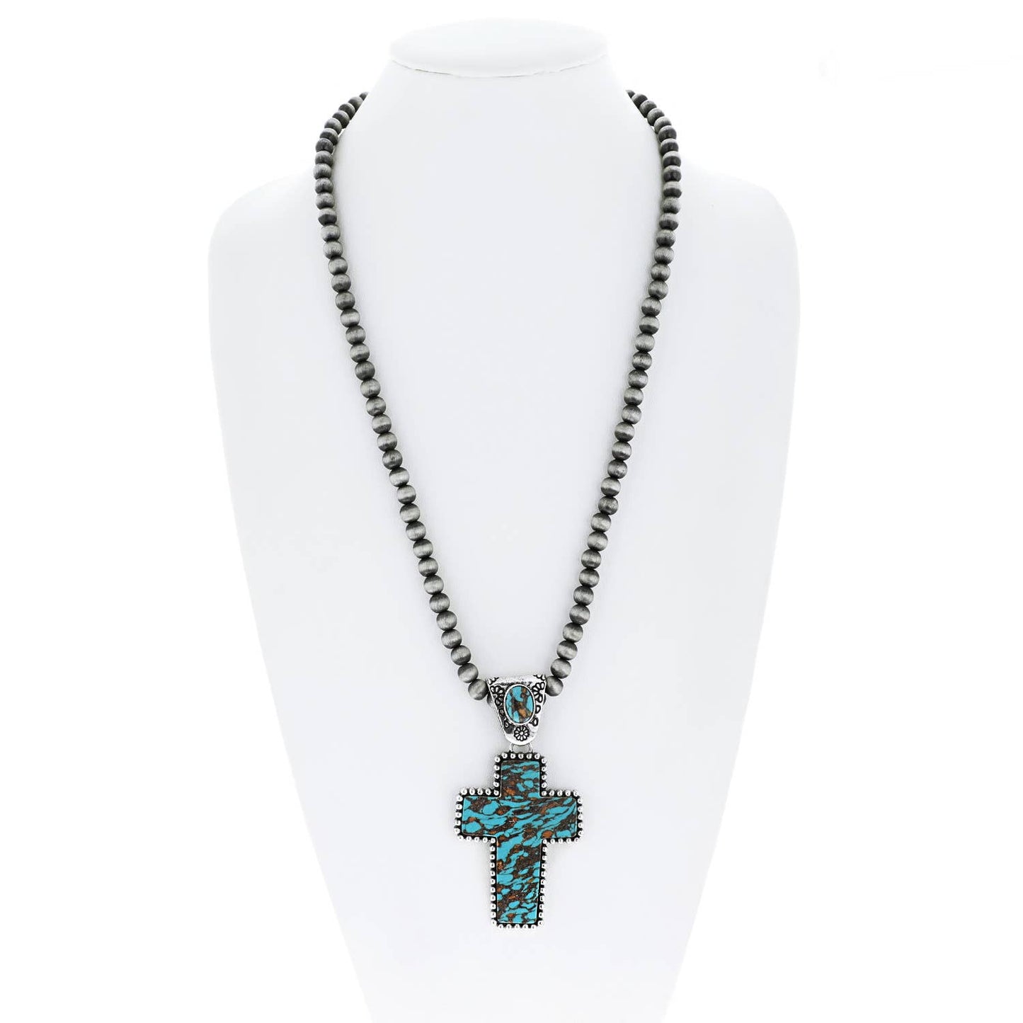 Navajo Pearl Beaded Necklace w/ Semi Stone Cactus Pendant: Turquoise