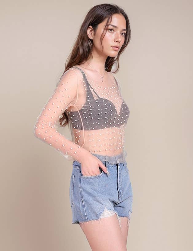Pearl Rhinestone Studded See Through Mesh Crop Top (White)