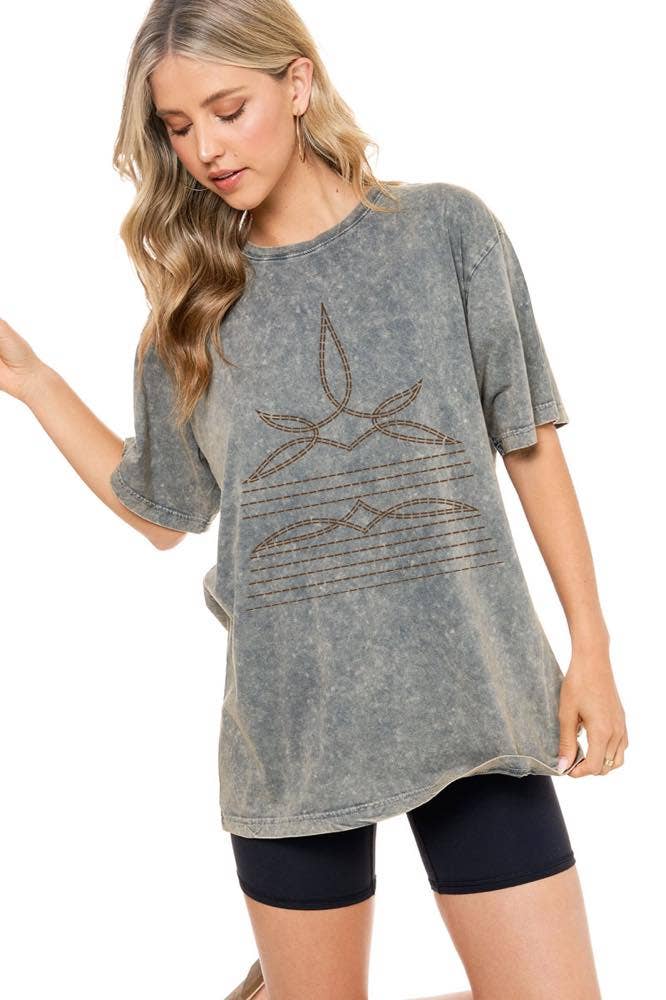 Cowboy Boots Toe Stitch #2 Graphic S/S Washed Boyfriend Tee: L / MOCHA