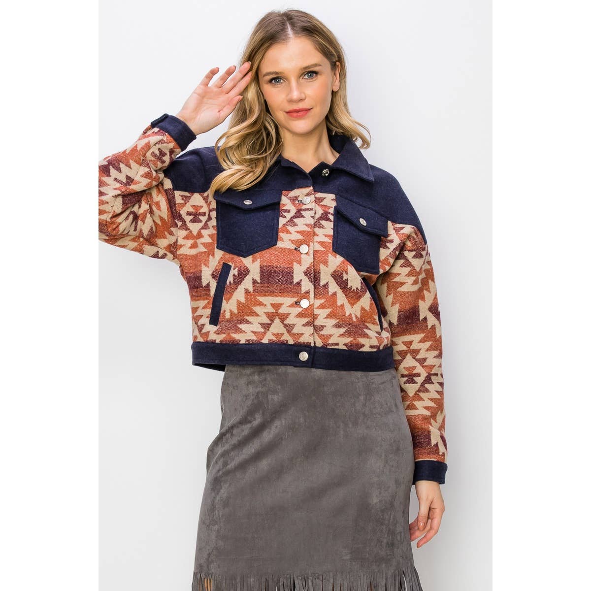 AZTEC BREAST FLAP POCKET HOLIDAY SHACKET: BLACK / XL