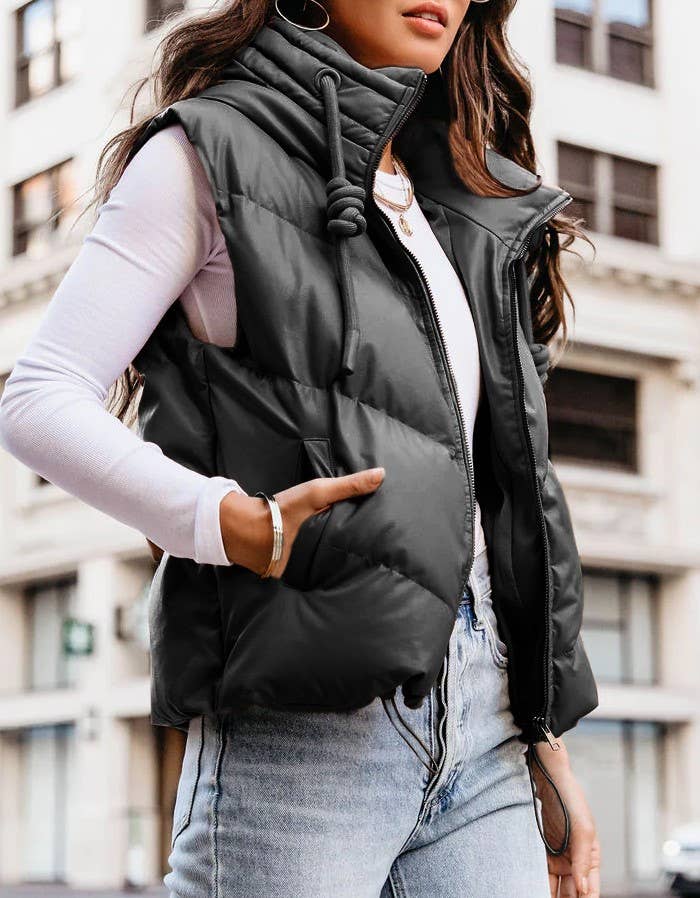 Hooded Puffer Double Slip Pocket Waistcoat: Camel