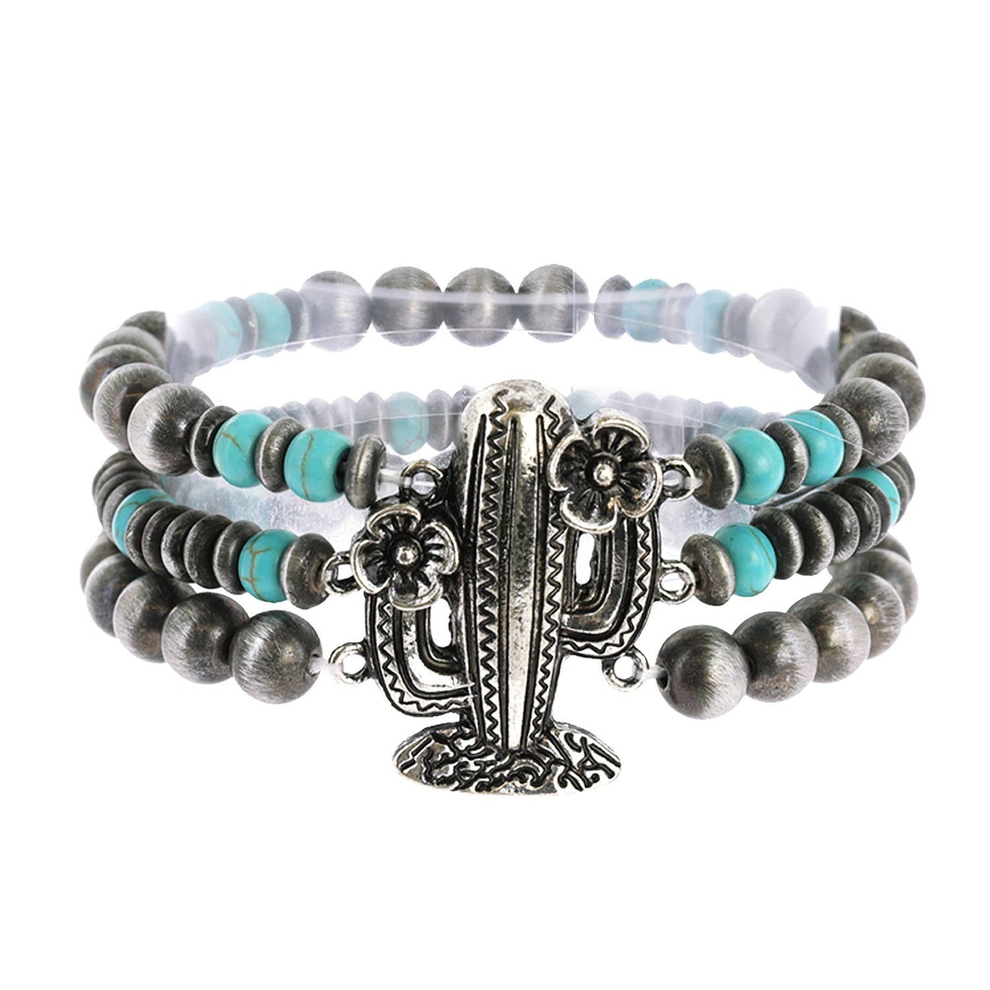 Western Blooming Cactus Charm 3 Layer Beaded Bracelet: Silver Turquoise